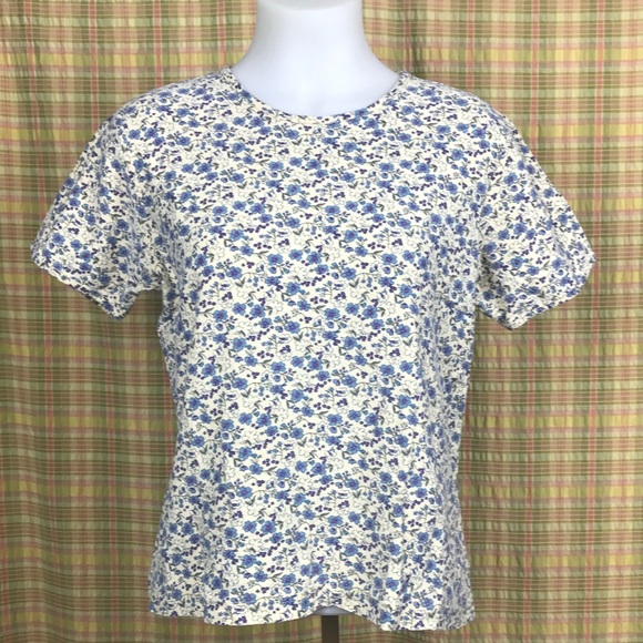 L.L.Bean Creme Floral Print Short Sleeve Top M - Picture 1 of 5